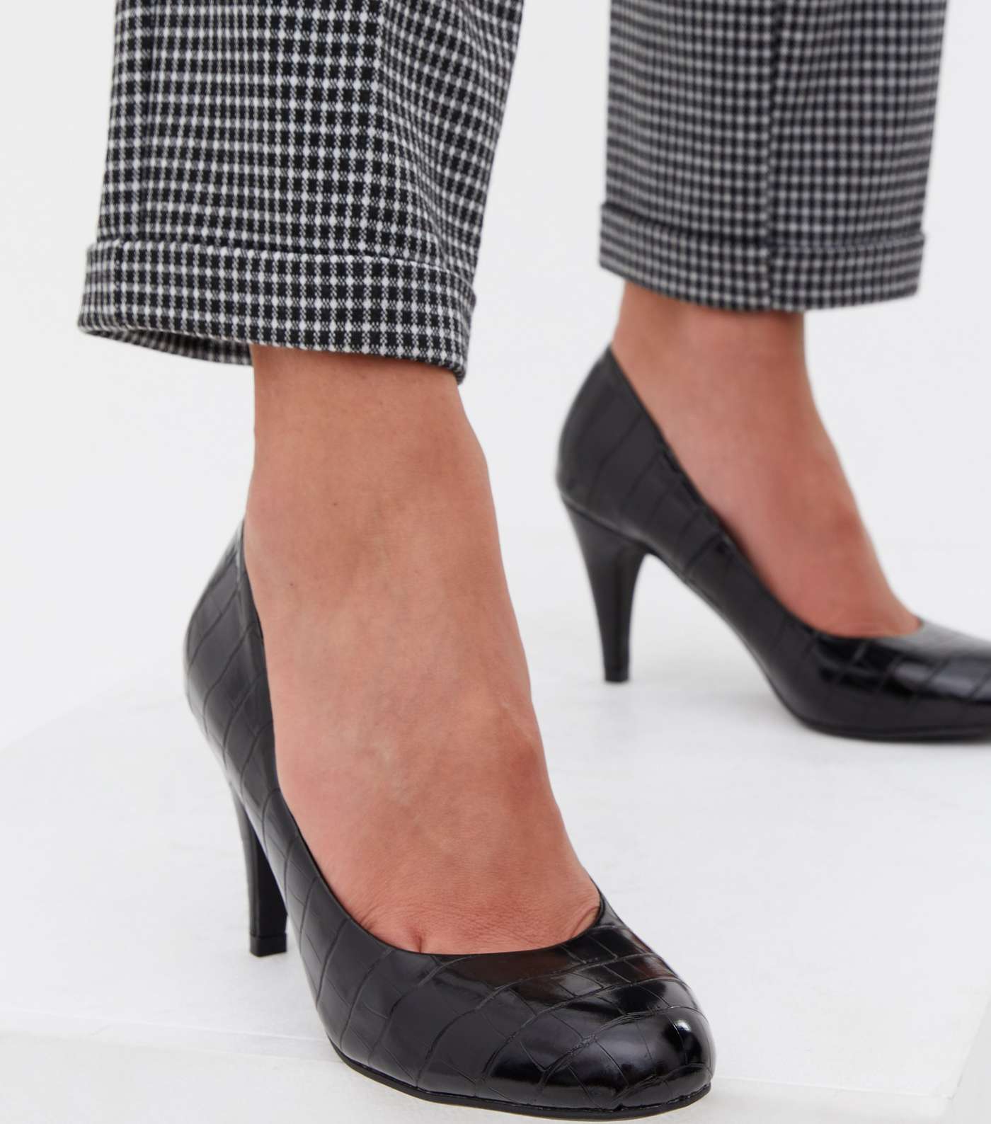 Black Faux Croc Stiletto Heel Court Shoes Image 2