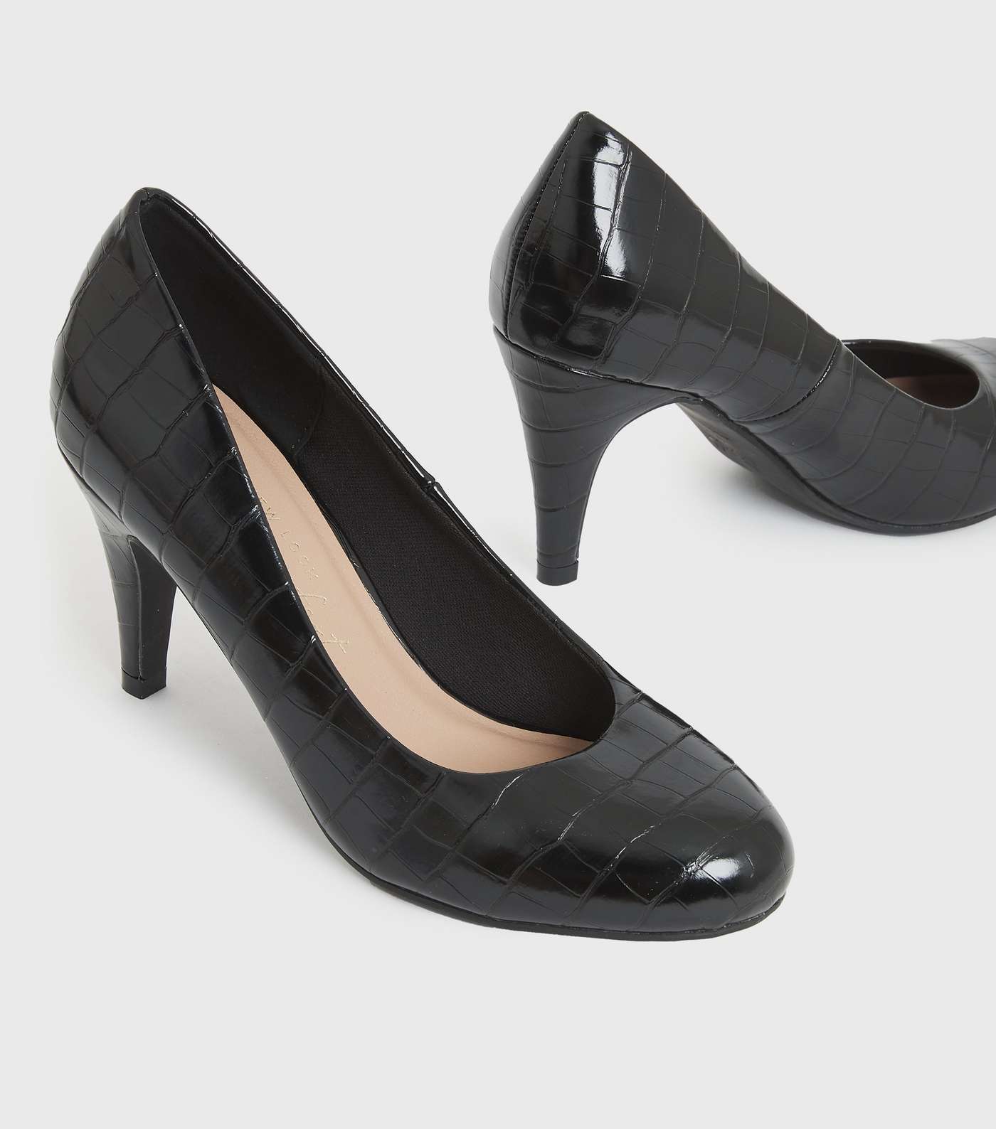 Black Faux Croc Stiletto Heel Court Shoes Image 4