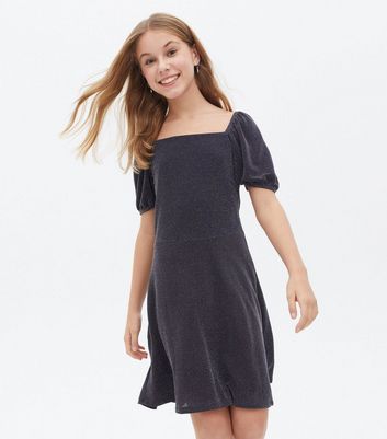 Girls Silver Glitter Square Neck Skater Dress