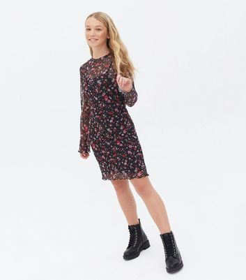 Girls Black Ditsy Floral Mesh Mini Dress