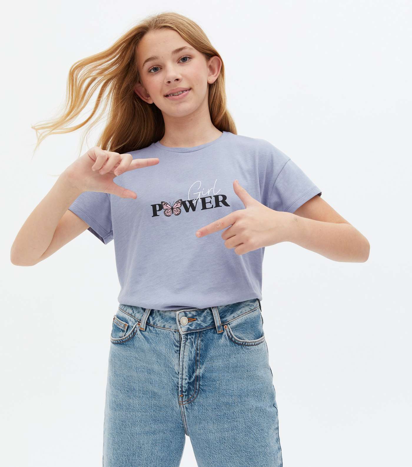 Girls Blue Girl Power Butterfly Logo T-Shirt