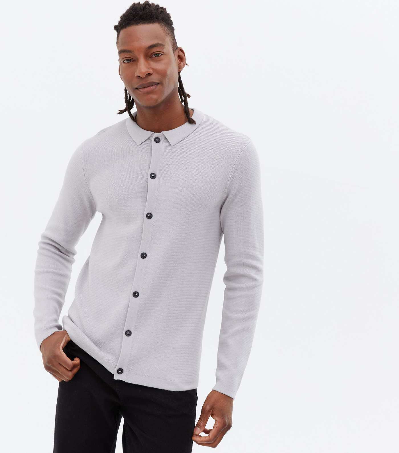 Pale Grey Soft Fine Knit Button Collared Top