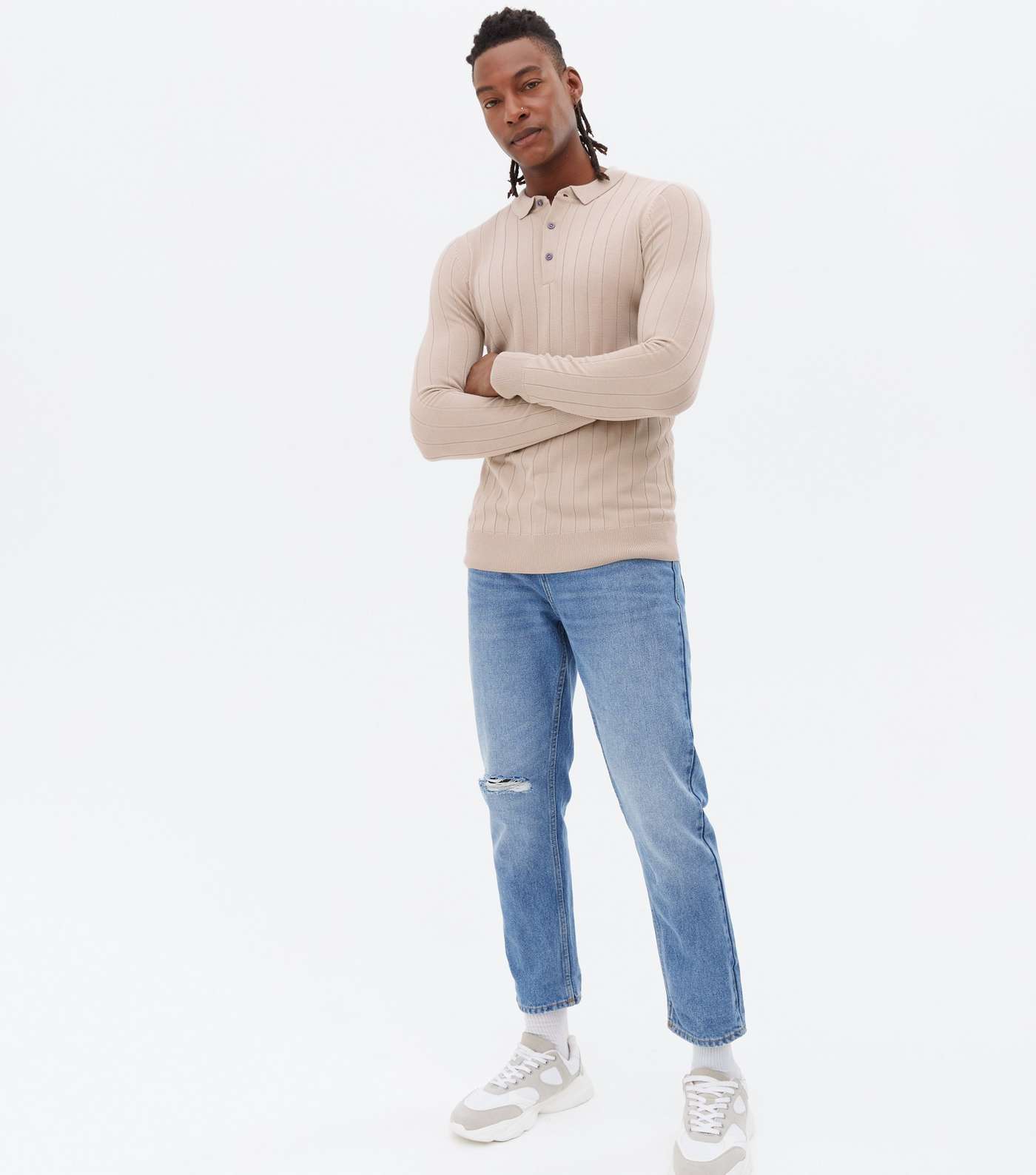 Stone Ribbed Fine Knit Long Sleeve Polo Top Image 2