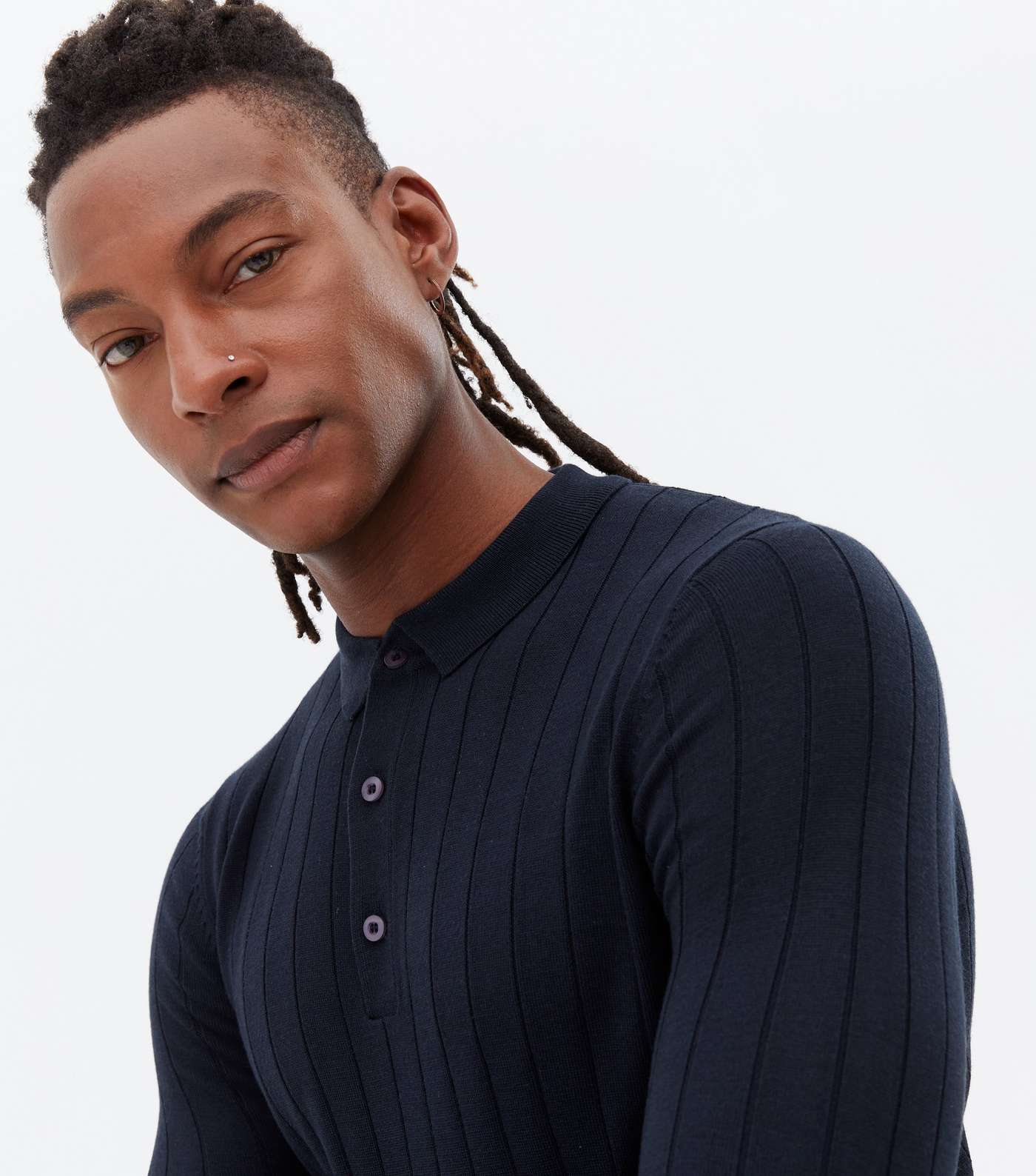 Navy Ribbed Fine Knit Long Sleeve Polo Top Image 3