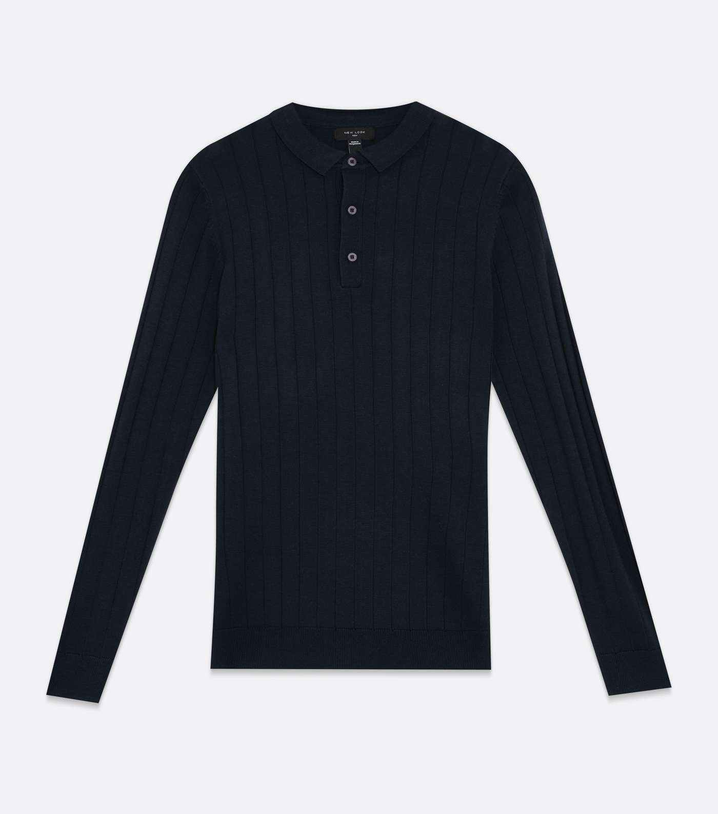 Navy Ribbed Fine Knit Long Sleeve Polo Top Image 5
