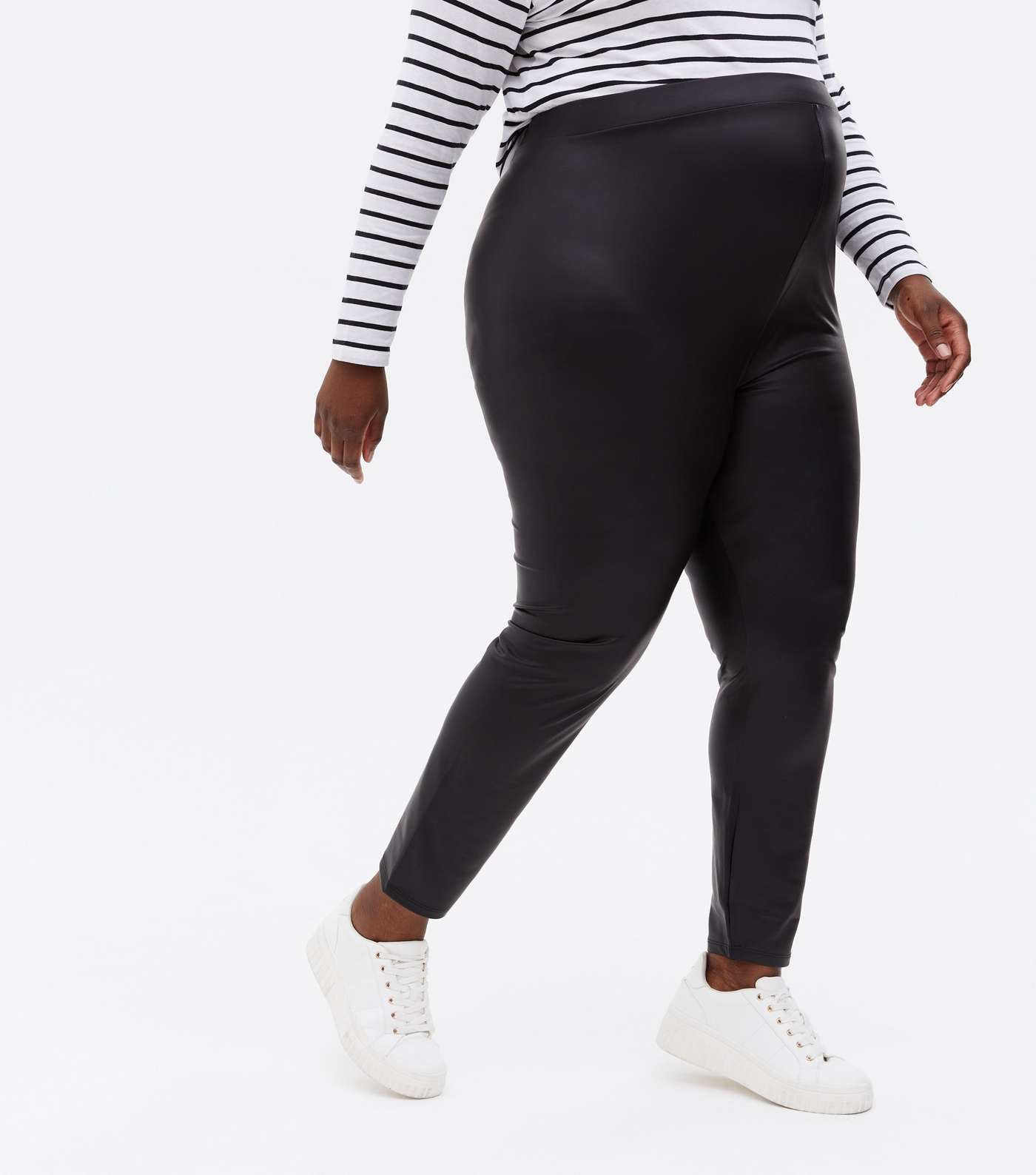 Curves Maternity Black Leather-Look Over Bump Leggings Image 3