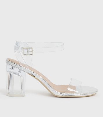 Wide Fit Silver Diamanté Strappy Block Heel Sandals | New Look
