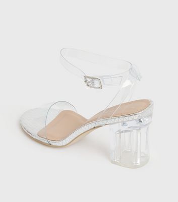 Wide Fit Silver Metallic Clear Block Heel Sandals | New Look