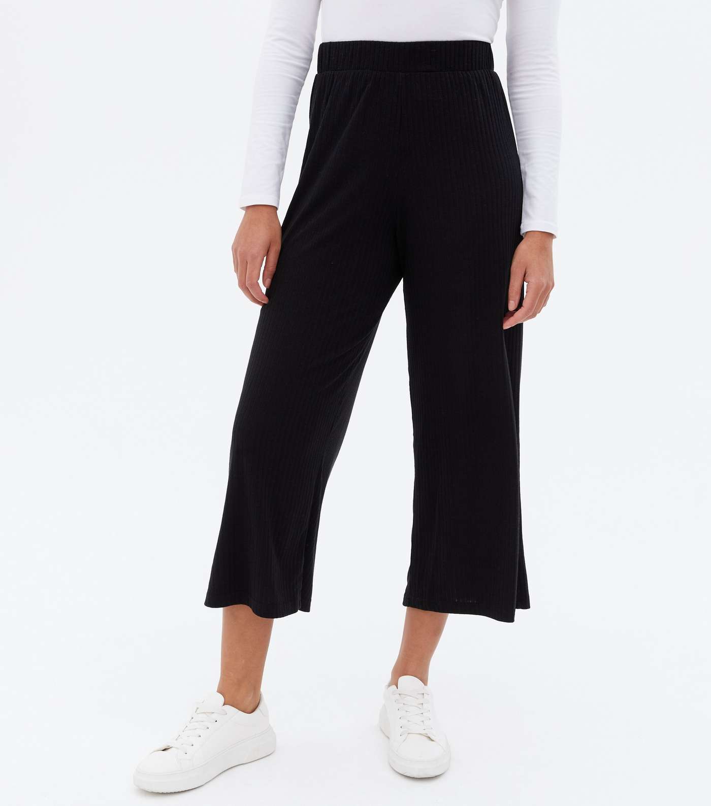 Black Ribbed Jersey Wide Leg Crop Trousers Image 2
