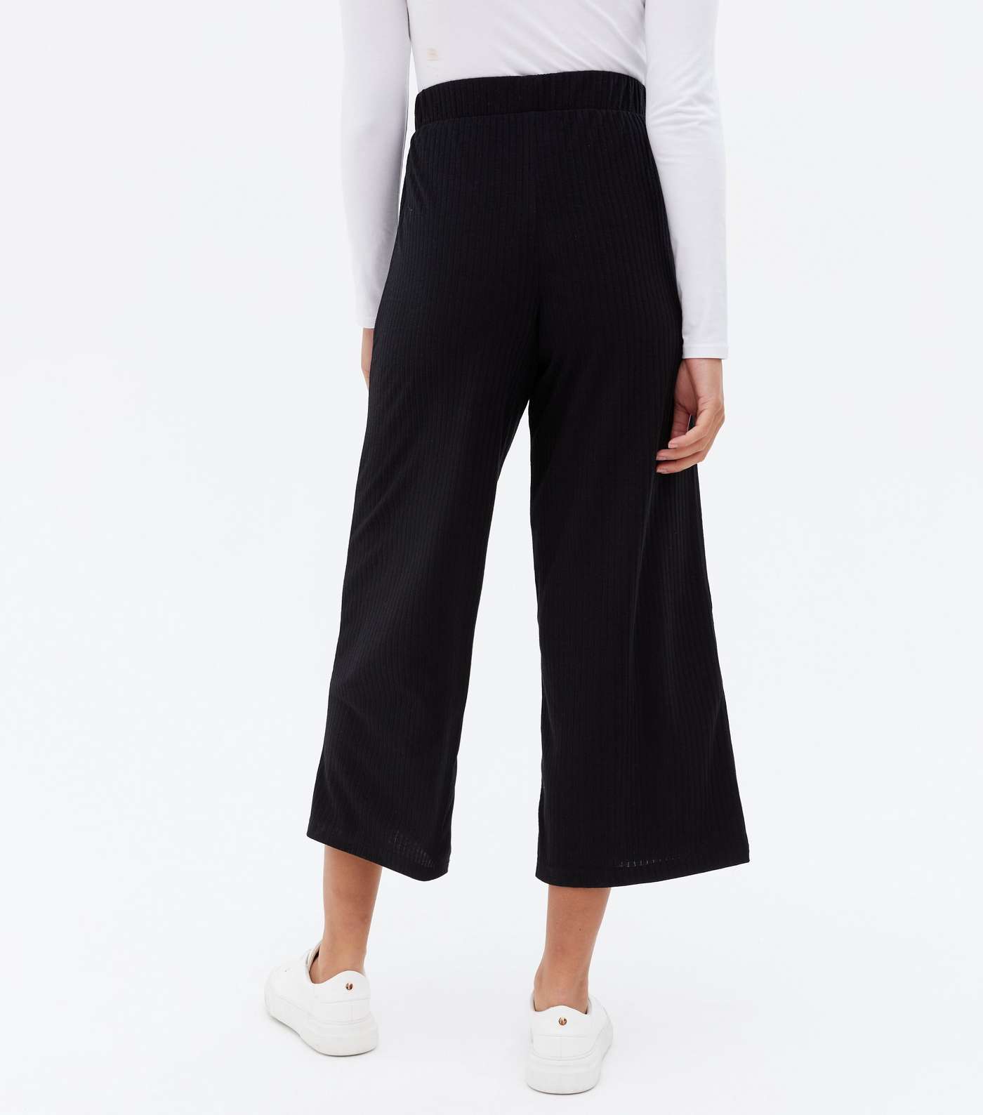 Black Ribbed Jersey Wide Leg Crop Trousers Image 4