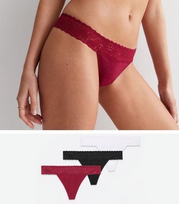 3 Pack Burgundy Black and White Lace Waist Thongs