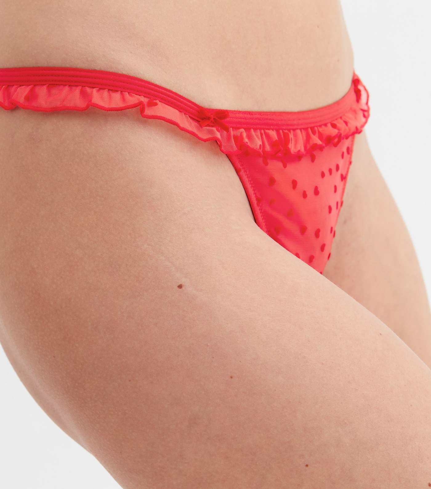 Red Flocked Heart Frill Thong Image 3