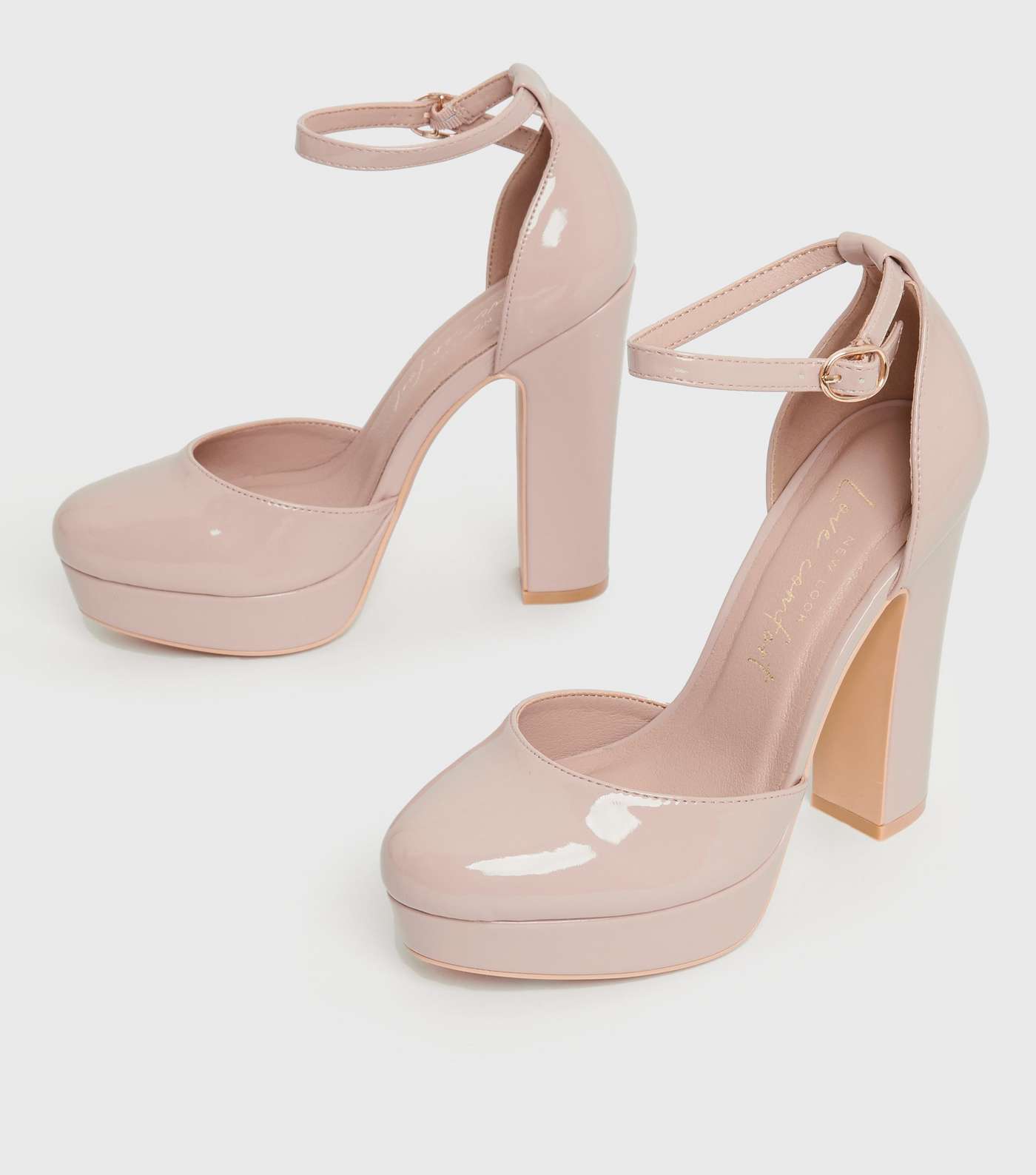 Pale Pink Patent Platform Block Heel Court Shoes Image 2