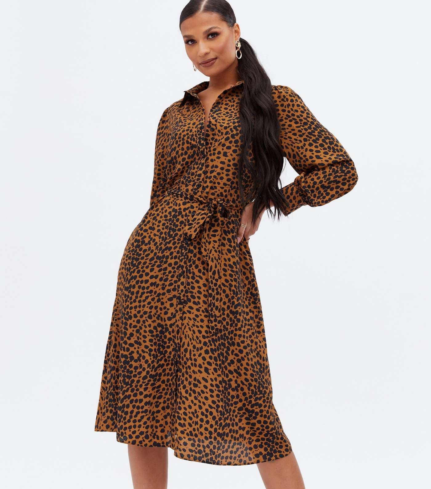 Brown Leopard Print Belted Midi Shirt Dress Image 2