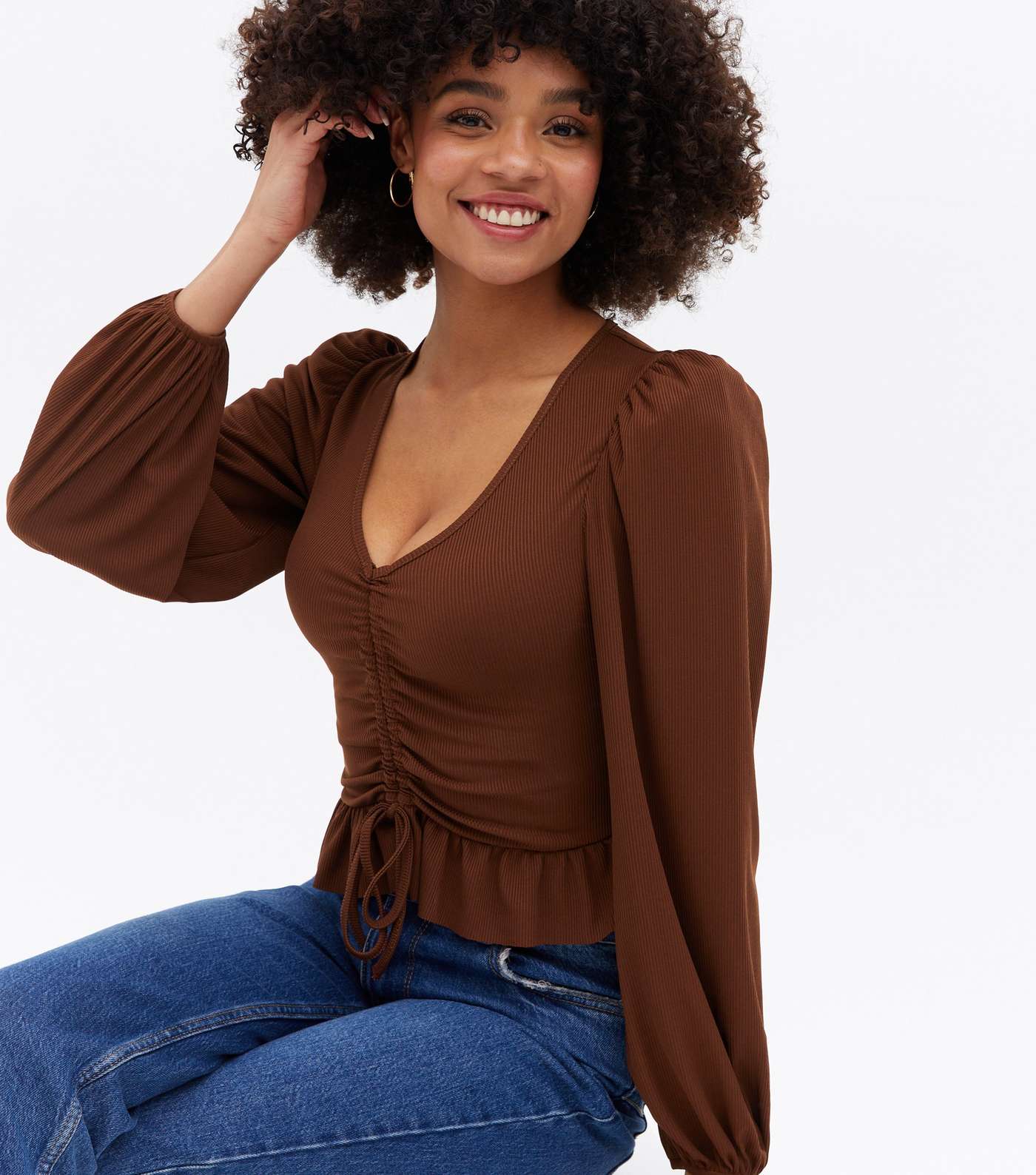 Brown Ribbed Frill Ruched Long Sleeve Top