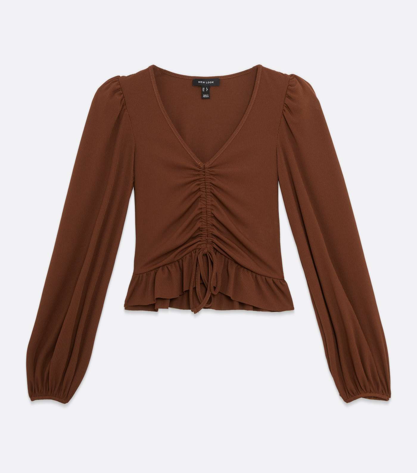 Brown Ribbed Frill Ruched Long Sleeve Top Image 5