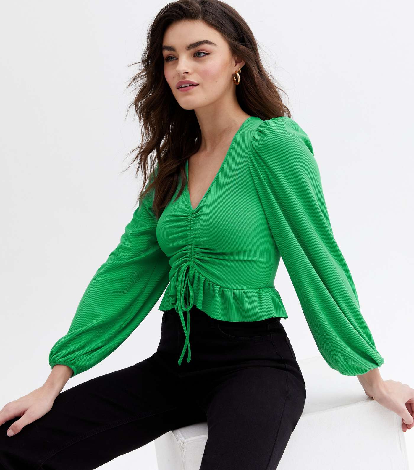 Green Ribbed Frill Ruched Long Sleeve Top