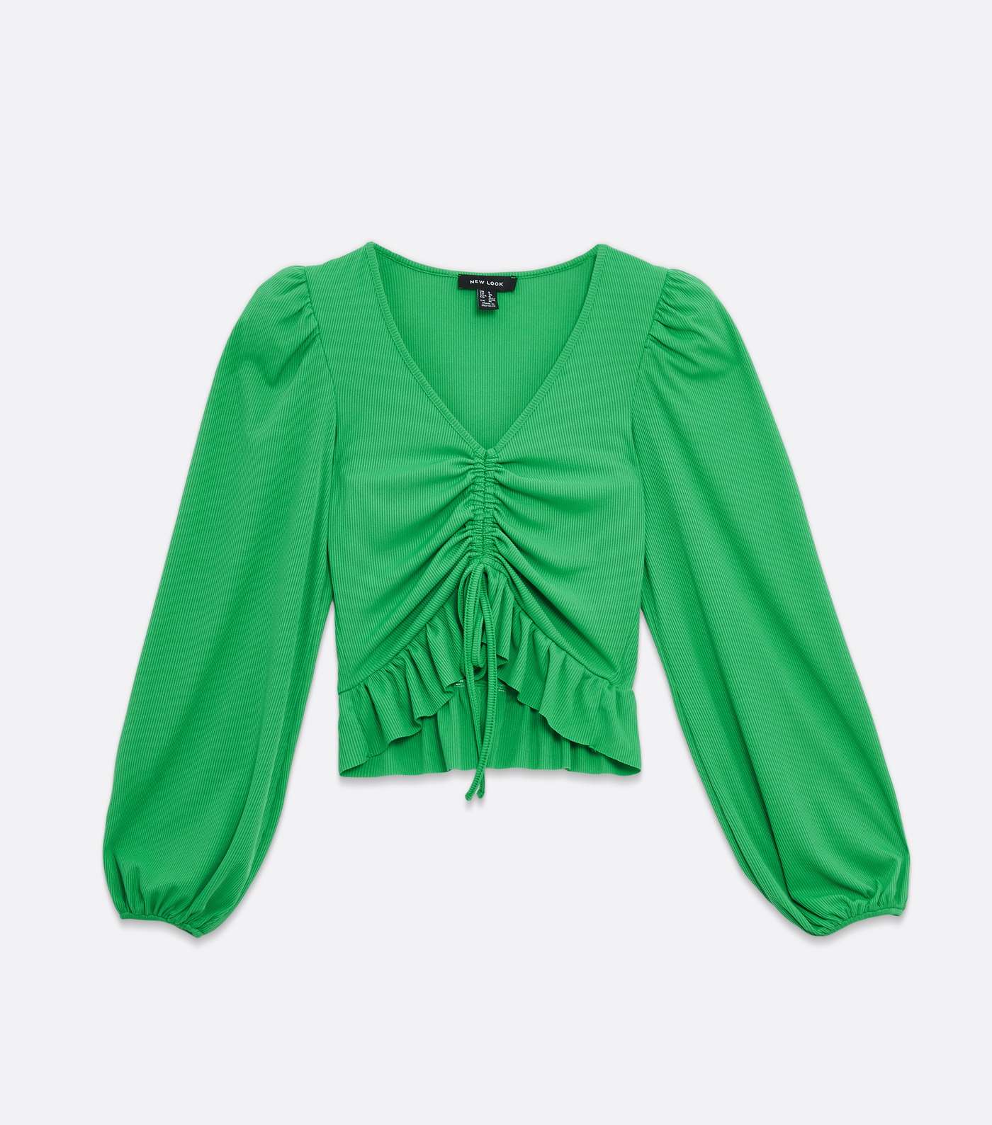 Green Ribbed Frill Ruched Long Sleeve Top Image 5