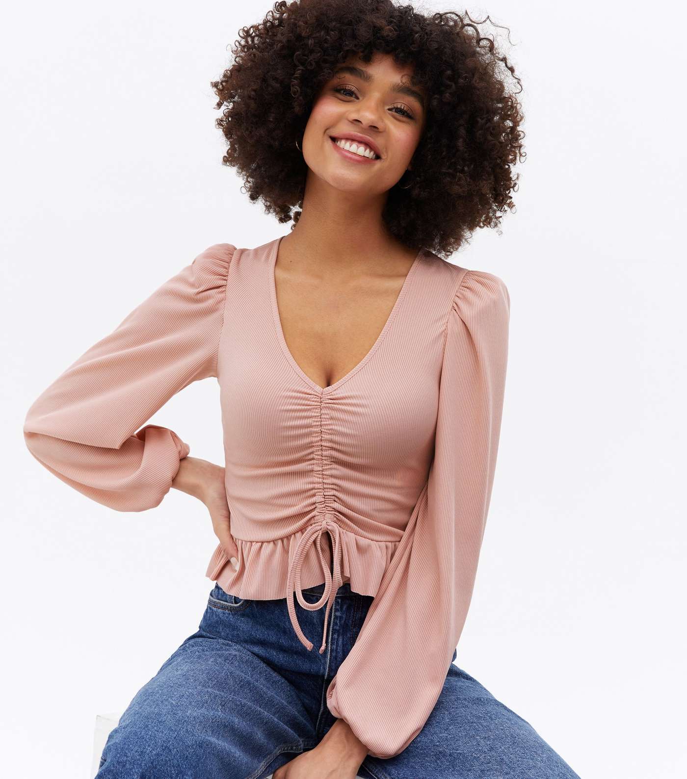 Pink Ribbed Frill Ruched Long Sleeve Top