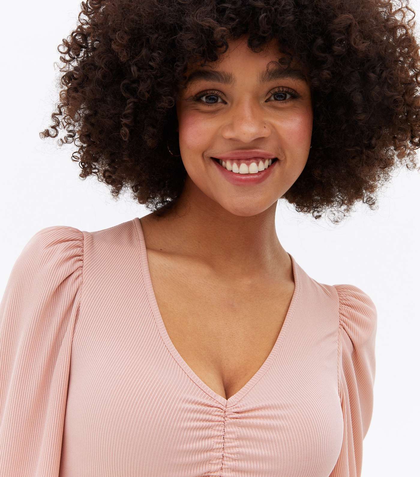 Pink Ribbed Frill Ruched Long Sleeve Top Image 3