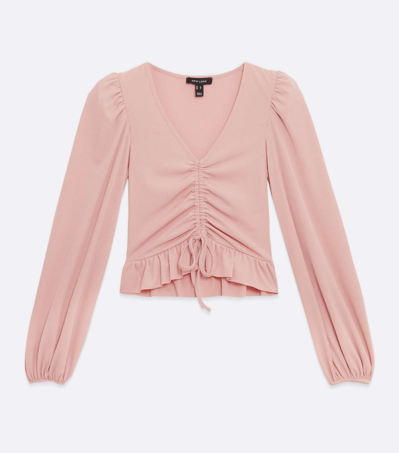 Pink Ribbed Frill Ruched Long Sleeve Top Image 5
