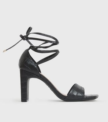 Black Faux Croc Ankle Tie Block Heel 