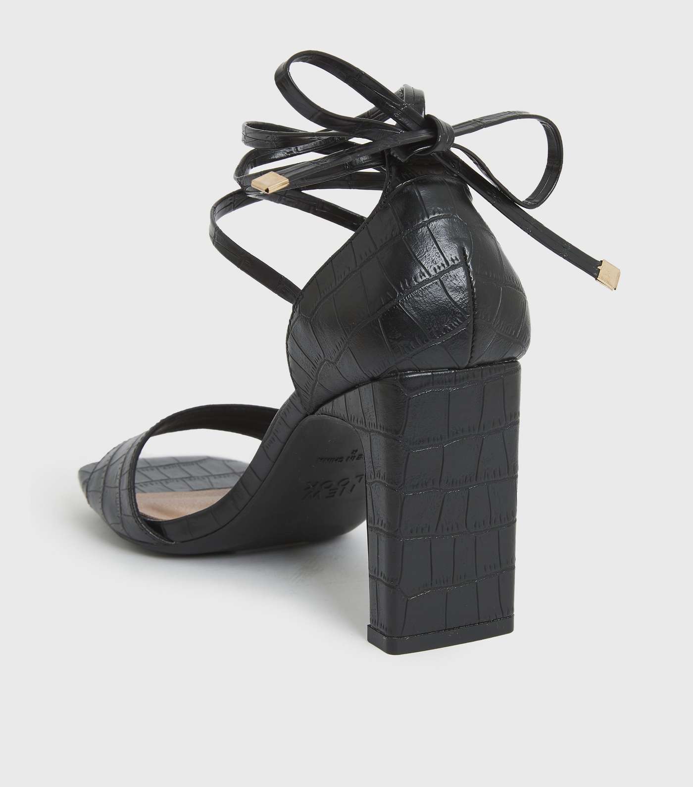 Black Faux Croc Ankle Tie Block Heel Sandals Image 4