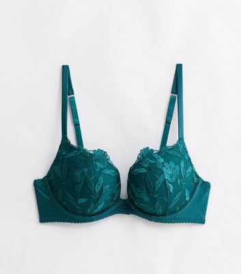 New Look Dark Green Push-Up Bra 34D Underwired Padded Lace Covered Bow  Detail