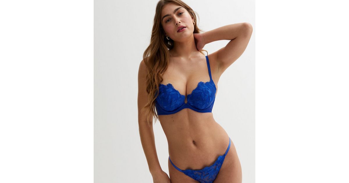 Bright Blue Floral Embroidered Push Up Bra