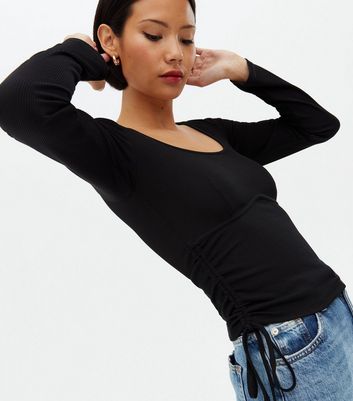 Click to view product details and reviews for Black Ribbed Ruched Tie Side Scoop Neck Top New Look.