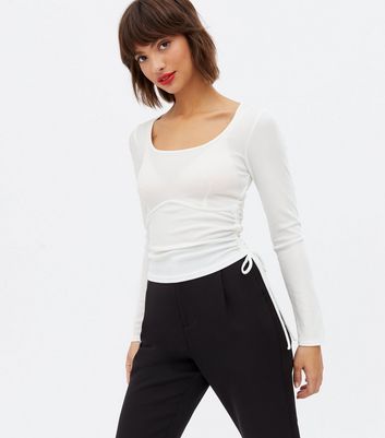 Click to view product details and reviews for Off White Ribbed Ruched Tie Side Scoop Neck Top New Look.