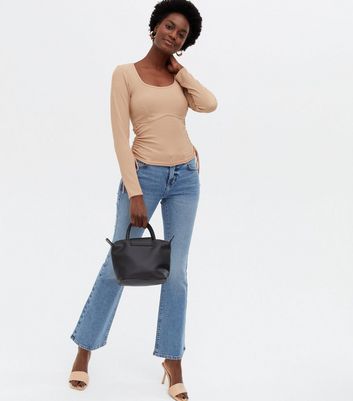 Click to view product details and reviews for Camel Ribbed Ruched Tie Side Scoop Neck Top New Look.