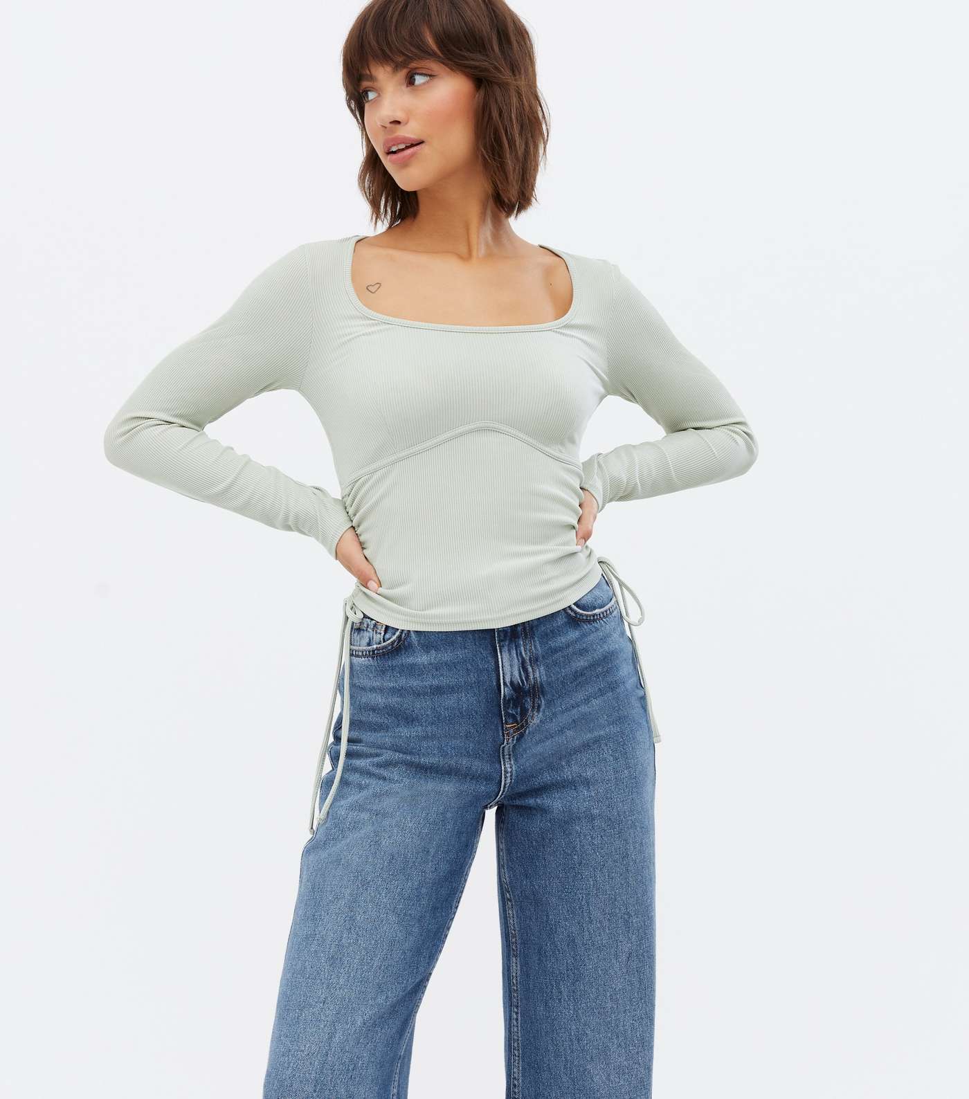 Light Green Ribbed Ruched Tie Side Scoop Neck Top