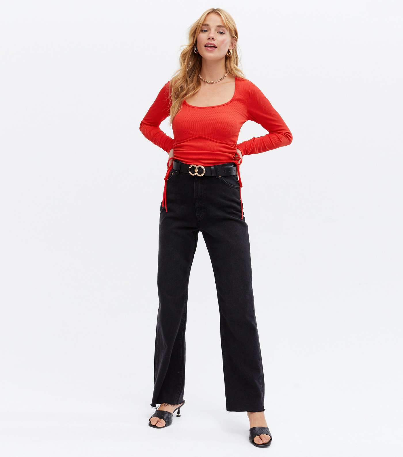Red Ribbed Ruched Tie Side Scoop Neck Top Image 2