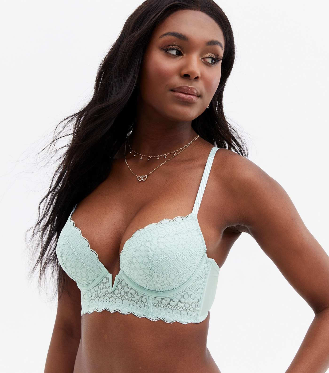 Mint Green Linear Lace Underwired Plunge Bra Image 3