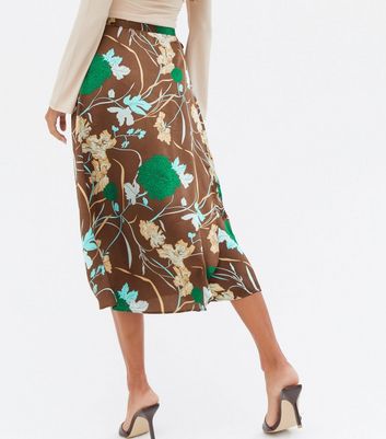 Blue Vanilla Brown Floral Satin Midi Wrap Skirt New Look