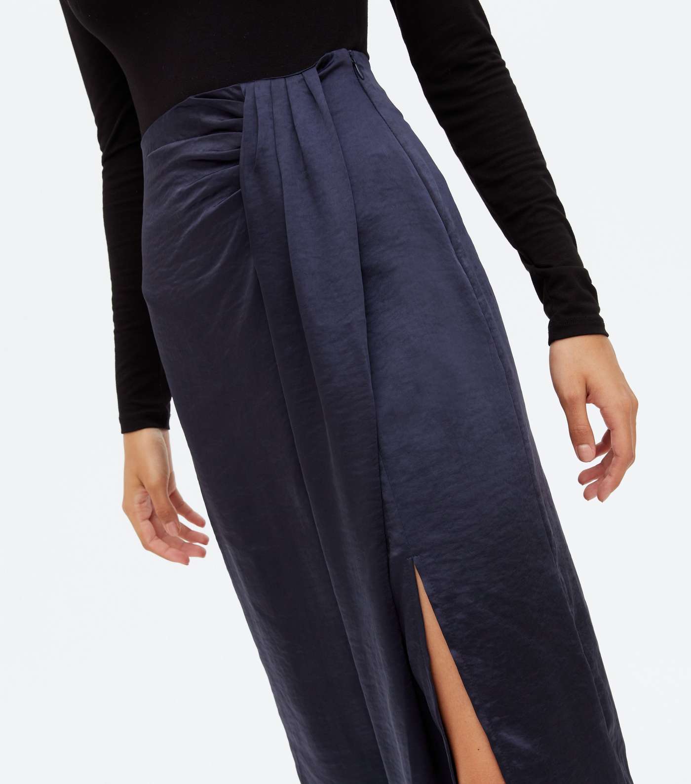 Blue Vanilla Navy Satin Pleated Midi Skirt Image 3