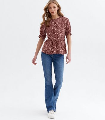 Brown Ditsy Floral Peplum Top New Look