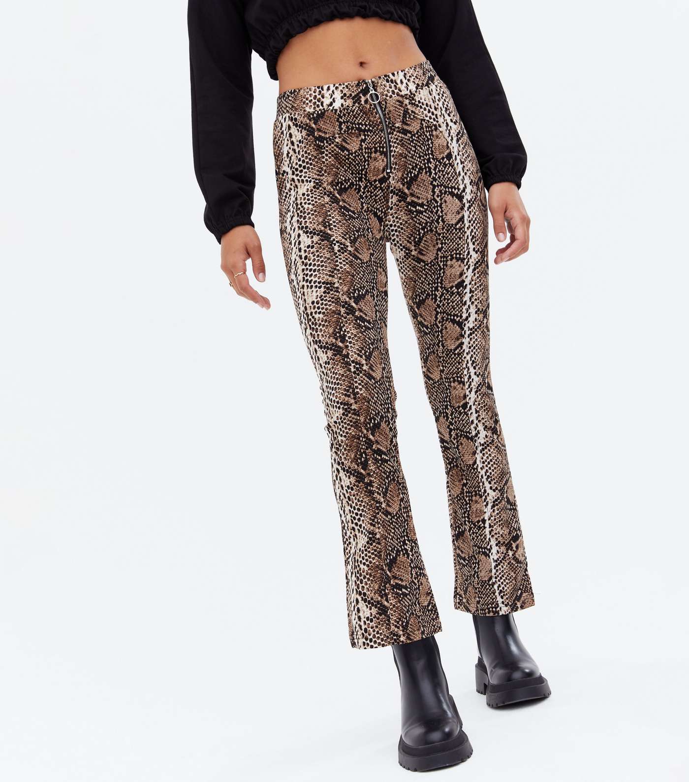 Pink Vanilla Brown Snake Print Flared Zip Trousers Image 2
