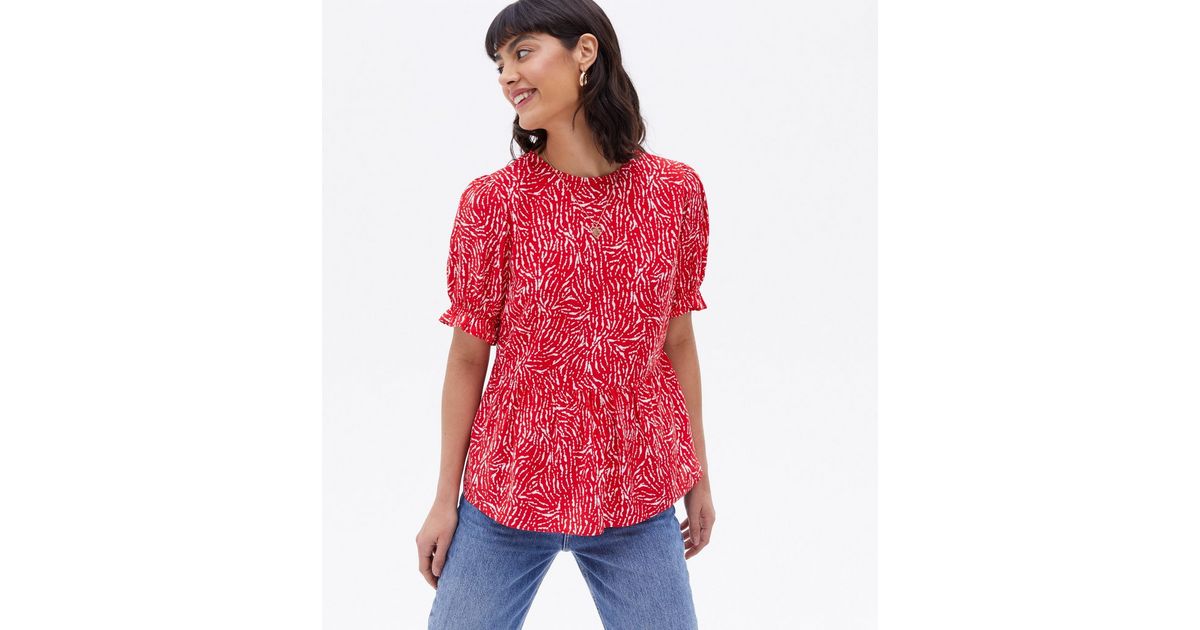 Red Abstract Puff Sleeve Peplum Blouse | New Look