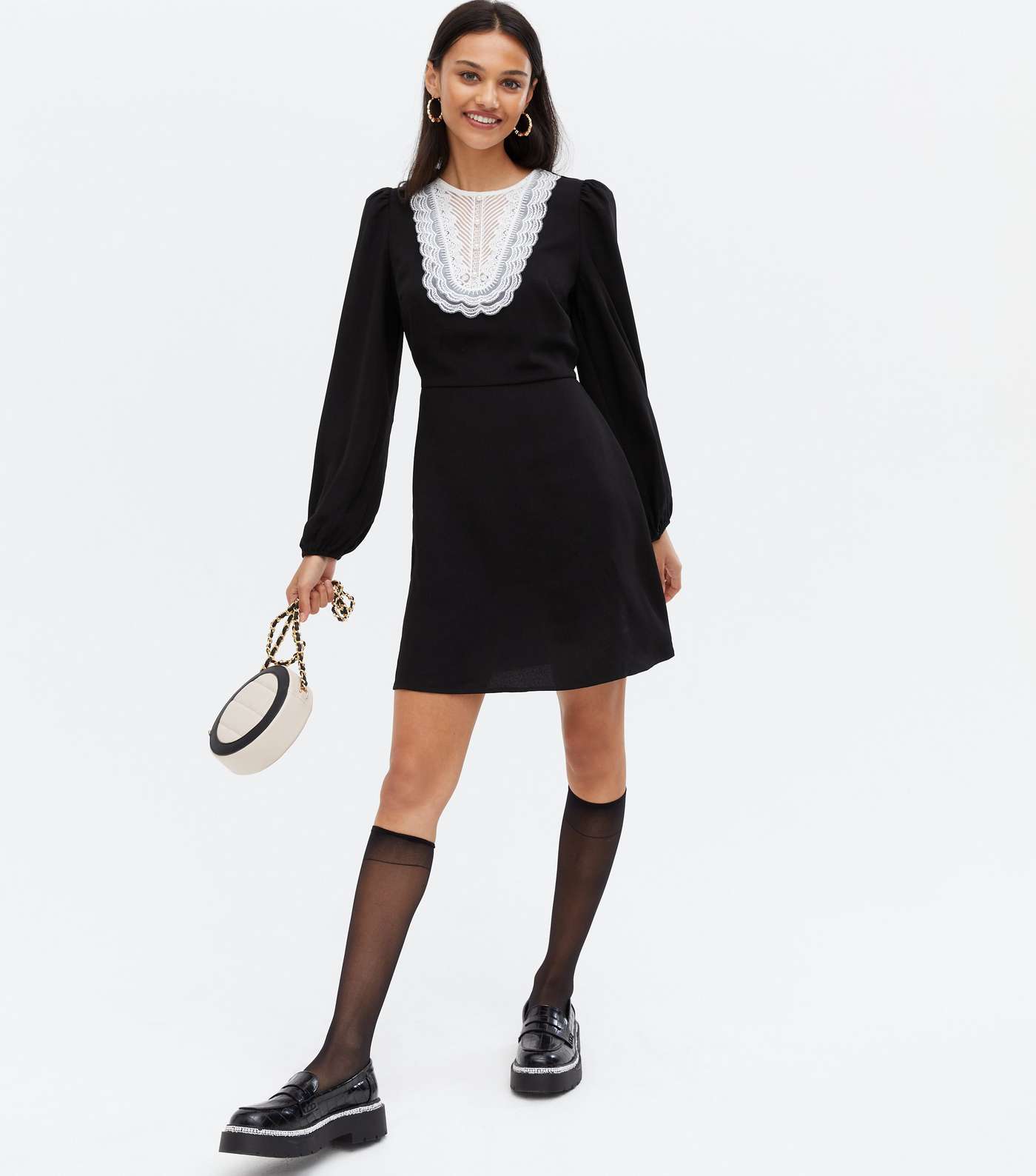 Black Broderie Long Sleeve Mini Tea Dress Image 2