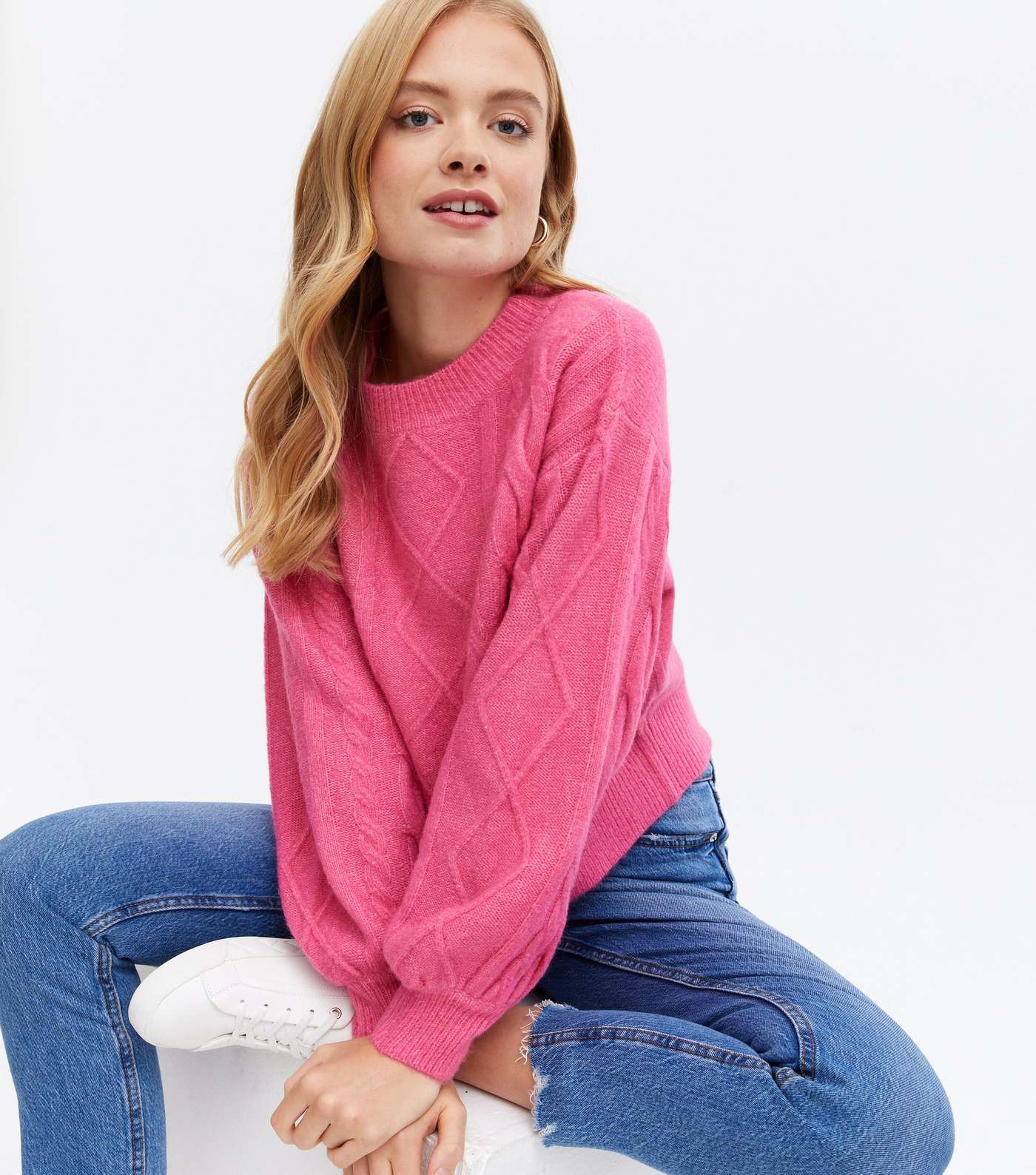 Sunshine Soul Bright Pink Cable Knit Puff Sleeve Jumper Image 3