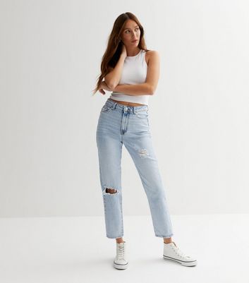 Blue Light Wash Ripped High Waist Tori Mom Jeans