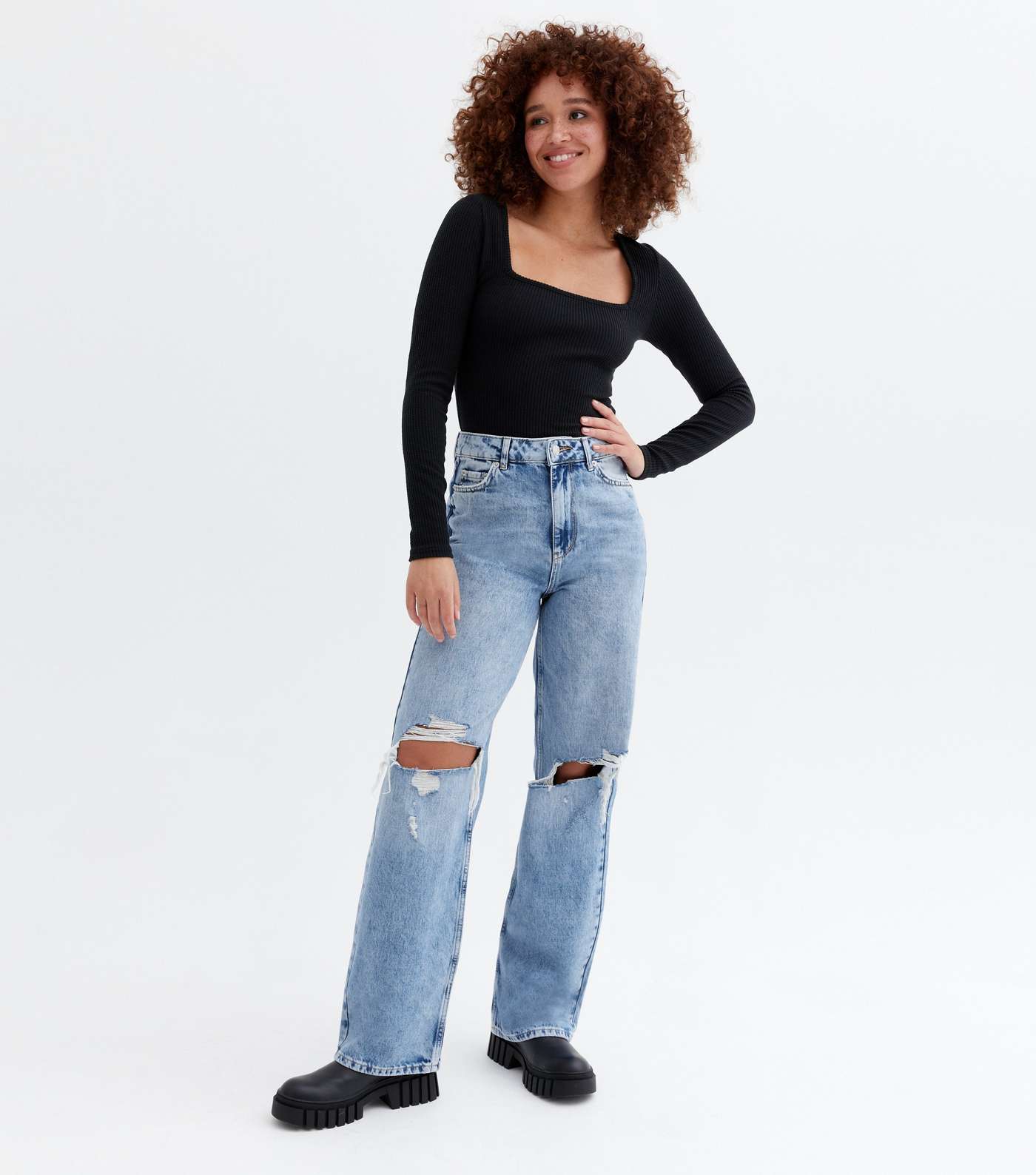 Blue Ripped Knee High Waist Sinead Baggy Fit Jeans