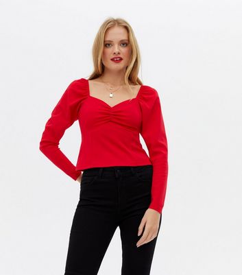 Red Sweetheart Puff Sleeve Top | New Look
