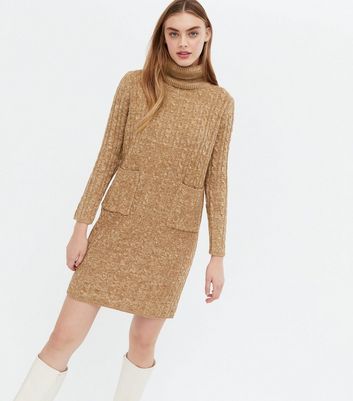 Blue Vanilla Camel Cable Knit Roll Neck Dress New Look