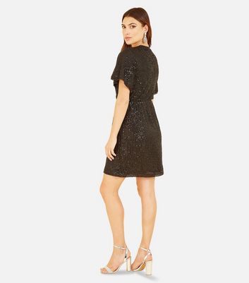 Mela Black Sequin Kimono Sleeve Mini Wrap Dress New Look