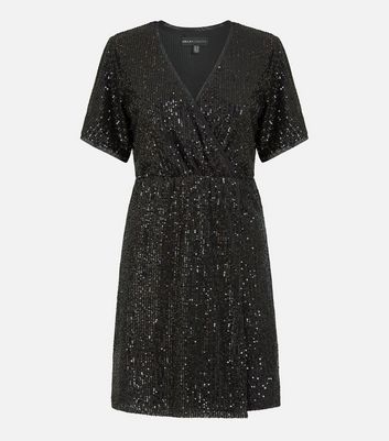 Mela Black Sequin Kimono Sleeve Mini Wrap Dress New Look