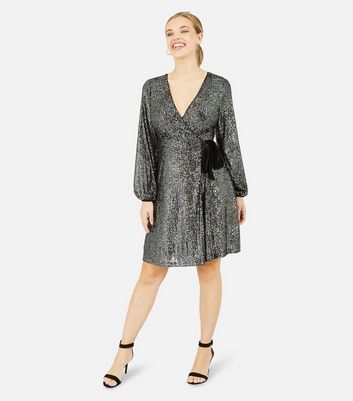 Yumi Black Sequin Wrap Mini Dress | New 