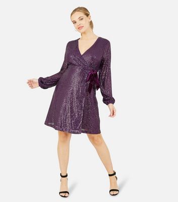 Yumi Purple Sequin Mini Wrap Dress 